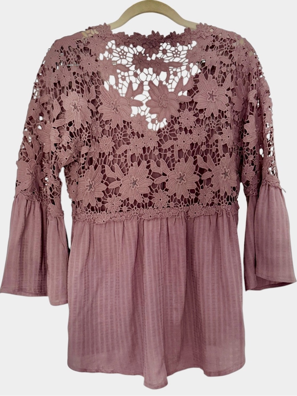 Romantic Lace V-Neck Bohemian Flowy Shirt 3/4 Flare Sleeve Casual Blouse Top S - Picture 5 of 6
